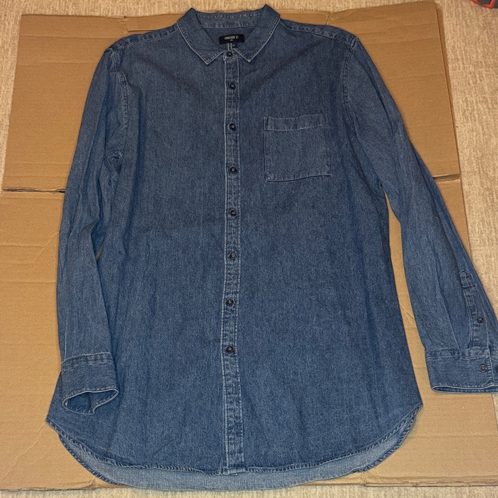 Forever 21 Men's Dark Blue Denim Button-Down Shirt